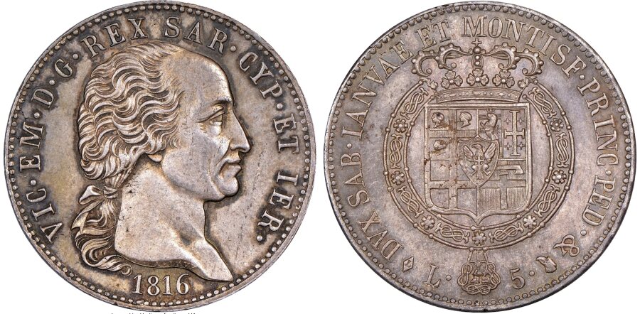 1816. Sardinia. Vittorio Emanuele I 5 Lire 1816 (Eagle)-L. Turin mint. DAV-133. KM-113. Pag-10. M… coin