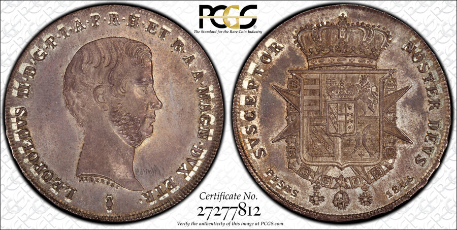 1846. ITALY. Florence Mint, Tuscany. Leopold II 4 Fiorini, Francescone (10 Paoli). DAV-160; KM-C-… coin