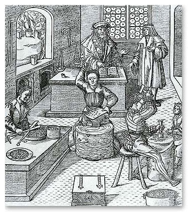 A 16th-century engraving of a mint workshop, said to depict the roller press era at the Hall mint