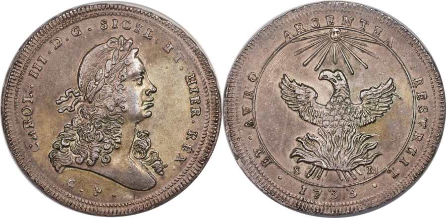 1733 CP SM. Sicily (Kingdom). Palermo Mint. Carlo III di Spagna (1720-1735) AR Oncia – 30 Tarì (5… coin